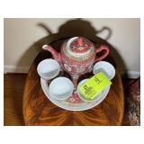ORIENTAL THEMED TEA SET, PITCHER, 4 CUPS AND TRAY.