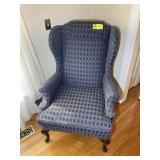 BLUE UPHOLSTERED WING BACK ARM CHAIR WITH WOOD LEG