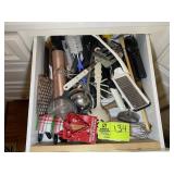 DRAWER WITH MISC KITCHEN UTENSILS, CAN OPENER, ROL