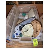 TOTE WITH SEWING ITEMS, THREAD, FABRICS, ETC, TO B