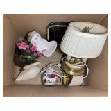 BOX OF ASSORTED DECORATIVE ITEMS, TRASH CAN, LAMP,