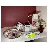 GROUP OF DECORATIVE ITEMS, PITCHES, TRINKET BOXES,