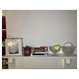 CONTENTS OF MANTLE, GLASS SERVING BOWLS, CHRISTMAS