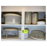 TOP TWO SHELVES , GROUP OF PLASTIC PITCHERS, LAZY