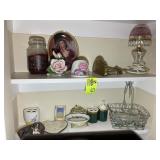 TOP TWO SHELVES OF MISC DECORATIVE ITEMS, CANDLE,