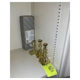 GROUP OF 3 BALDWIN BRASS CANDLE HOLDERS AND NAPKIN