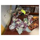 GROUP OF DECORATIVE ITEMS, GLASS CLOCK, WOODEN CAR