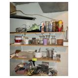 CONTENTS OF SHELVES INCLUDING VASES, SANDER, PAINT