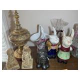 CONTENTS ON TOP OF DRESSER, FIGURINES, VASES, LAMP