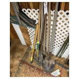 GROUP OF YARD TOOLS, RAKE, SHOVEL, POST HOLE DIGGE