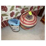 DUCK THEMED METAL TRASH CAN AND LARGE WOVEN BASKET