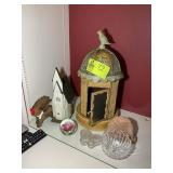 GROUP OF DECORATIVE ITEMS, WOOD DEER, GLASS BOWLS,