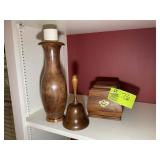 GROUP OF WOODEN ITEMS, VASE, BELL, BOX WITH LID