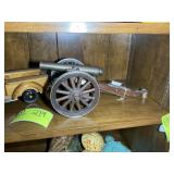 SHELF CONTAINING WOODEN CAR, WOODEN TRUCK, AND CAN