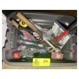 TOTE WITH MISC HAND TOOLS, HAMMER, PLYERS, NAILS,