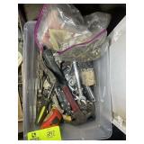 TOTE WITH MISC HAND TOOLS, HAMMER, TAPE MEASURE, V