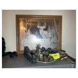 GROUP OF DECORATIVE ITEMS, DUCKS, FRAMED MIRROR WI