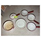 GROUP OF RED RIM ENAMEL POTS