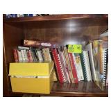 TOP TWO SHELVES INCLUDING MISC COOK BOOKS, BALL BL