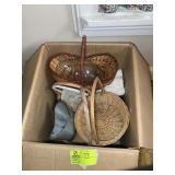BOX WITH MISC WICKER BASKETS, METAL TIN, GLASS VAS