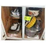 BOTTOM CABINET WITH PYREX BAKING DISHES, LARGE POT