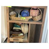 TOP TWO SHELVES WITH MISC WICKER BASKETS AND WOODE
