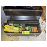 METAL JOHN DEERE TOOLBOX WITH MISC AMMO AND GUN CL