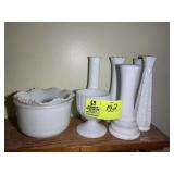 GROUP OF MILK GLASS, VASES, BOWL, ETC
