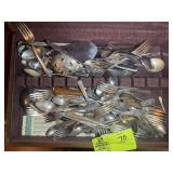 WOODEN FLATWARE BOX WITH ASSORTED SILVER PLATE AND