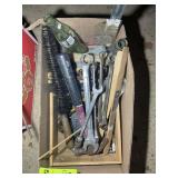 BOX WITH MISC HAND TOOLS, HAMMER, WIRE BRUSH, DRIL