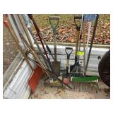 GROUP OF YARD TOOLS, SHOVELS, SLING BLADE