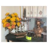 DECORATIVE ITEMS, FLOWERS, WOODEN BOAT, BUST