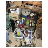 SHELF WITH CONTENTS, CLEANING SUPPLIES, BATTERY CH