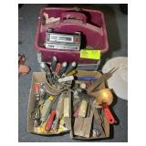 GROUP OF HAND TOOLS AND PLASTIC STORAGE TOTES