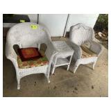 GROUP OF WHITE WICKER PATIO FURNITURE, ROCKING CHA