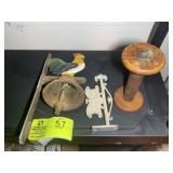 CAST IRON BELL, WOODEN SPOOL, ETC