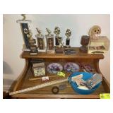 GROUP OF ASSORTED TROPHIES, WALKING STICKS, DECORA