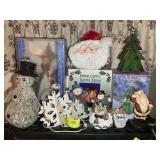 TOP SHELF OF MISC CHRISTMAS ITEMS, SNOWMEN, SANTA,