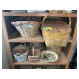 TWO SHELVES OF ASSORTED WICKER BASKETS, PICNIC BAS