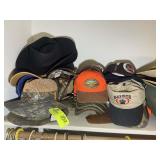 TOP SHELF IN CLOSET INCLUDING MISC HATS, BALL CAPS