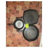 GROUP OF CAST IRON PANS, 8 IN, 12 IN, AND SQUARE 1