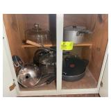 CABINET WITH ASSORTED POTS, PANS, KETTLE