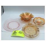 Pink glass plate, orange glass ashtray, orange car