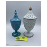 Blue Milk Glass Style Candy Jar with lid, White an