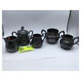Group of 5 silver plate cream and sugar containers