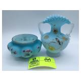 Two Blue Satin Dye Overlay Fern Handled Vase With