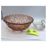 Carnival Glass Swans, pink glass decorative bowl b