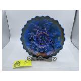 Fenton 10IN Cobalt Carnival Glass Holly Plate with