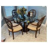 GLASS TOP DINING TABLE WITH WOOD FRAME, 48 IN DIAM