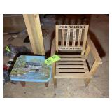 SMALL WOODEN ROCKING CHAIR AND FOOT STOOL WITH BRI